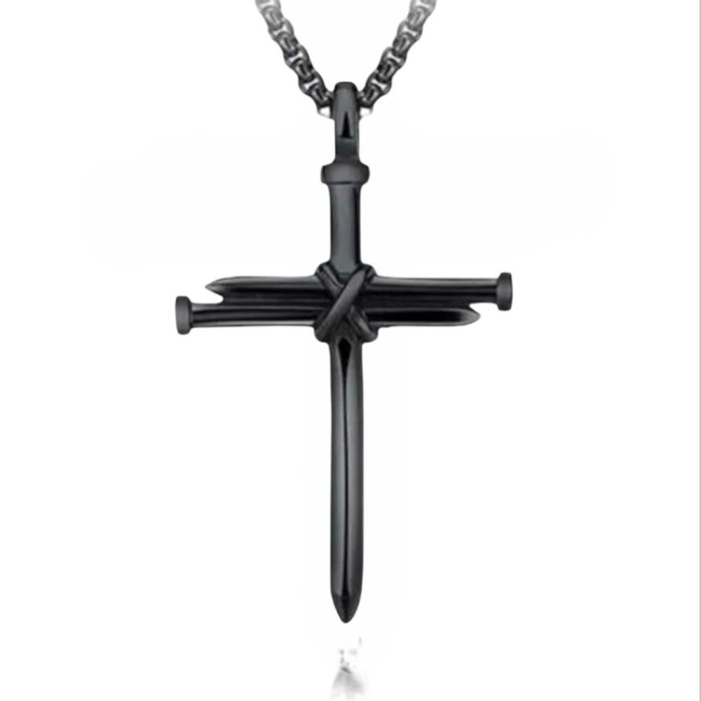 NEW - 3 NAILS CROSS PENDANT ZINC ALLOY NECKLACE - BLACK 24 INCH